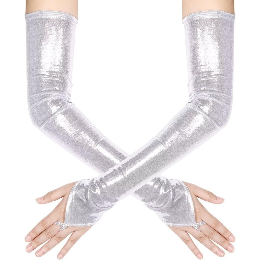 Women's Silver Shiny Elastic Satin Rave Fingerless Long Gloves Party Costume